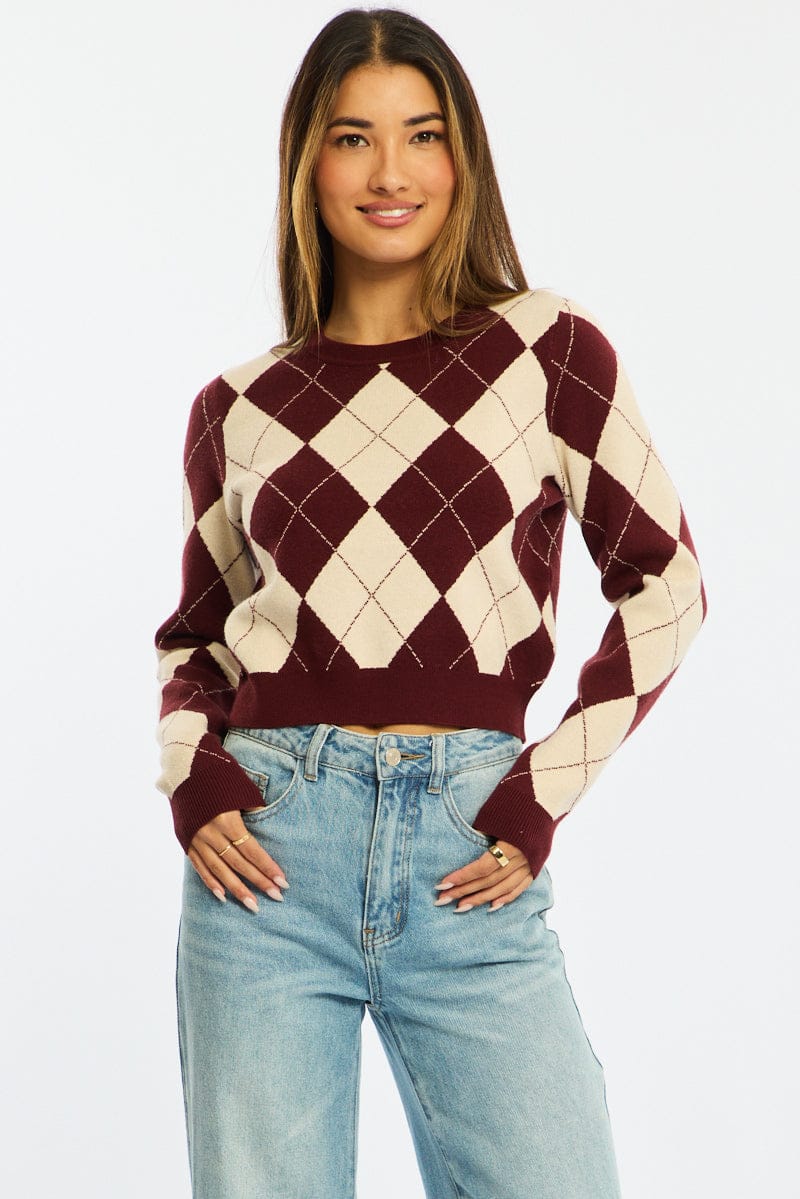 Red Check Knit Top Long Sleeve V-neck Argyle for Ally Fashion
