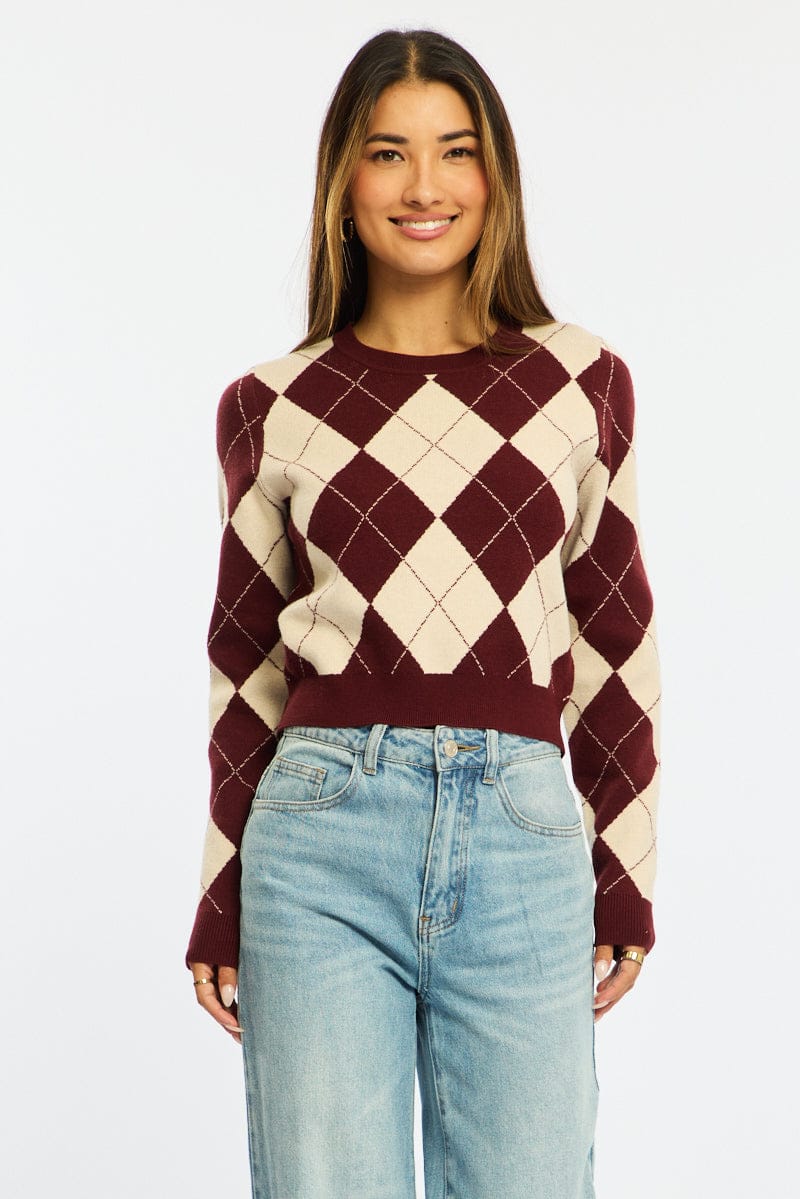 Red Check Knit Top Long Sleeve V-neck Argyle for Ally Fashion