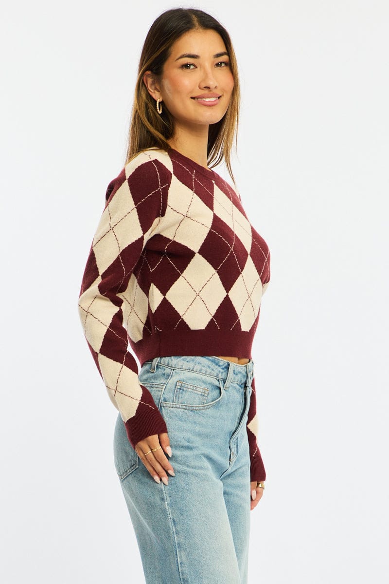 Red Check Knit Top Long Sleeve V-neck Argyle for Ally Fashion