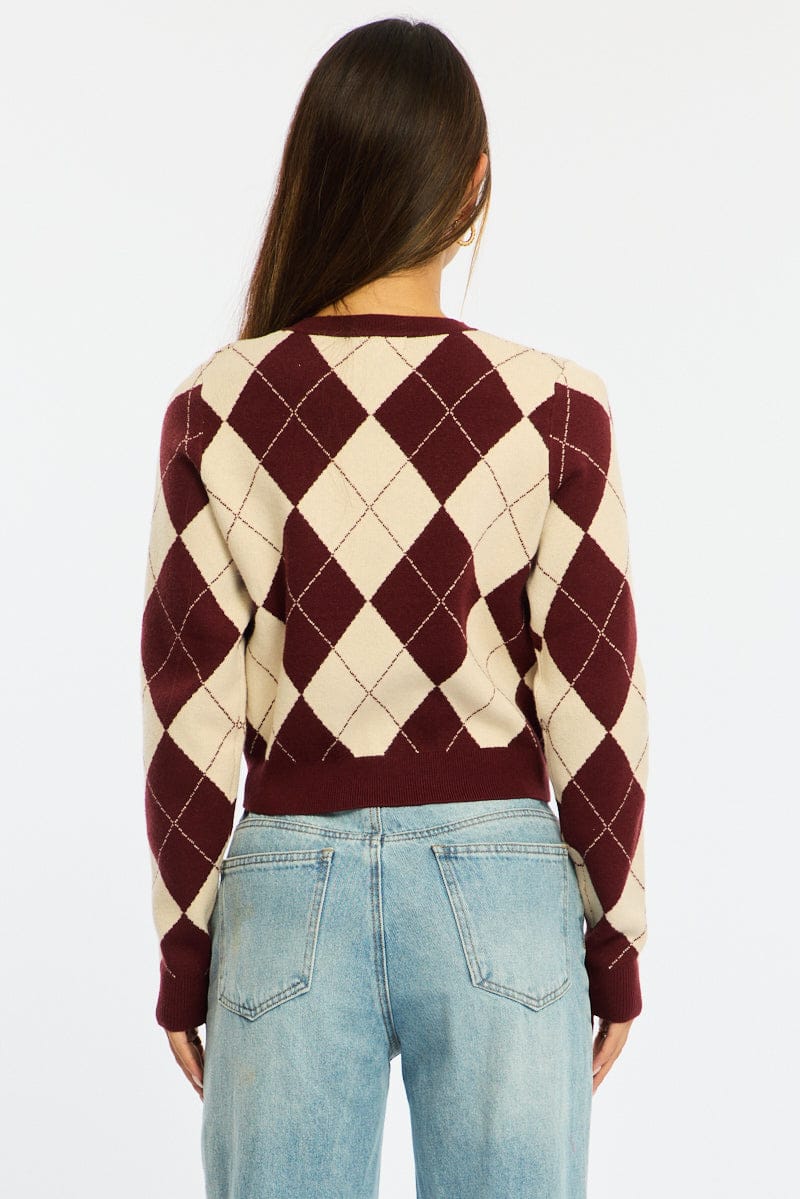 Red Check Knit Top Long Sleeve V-neck Argyle for Ally Fashion