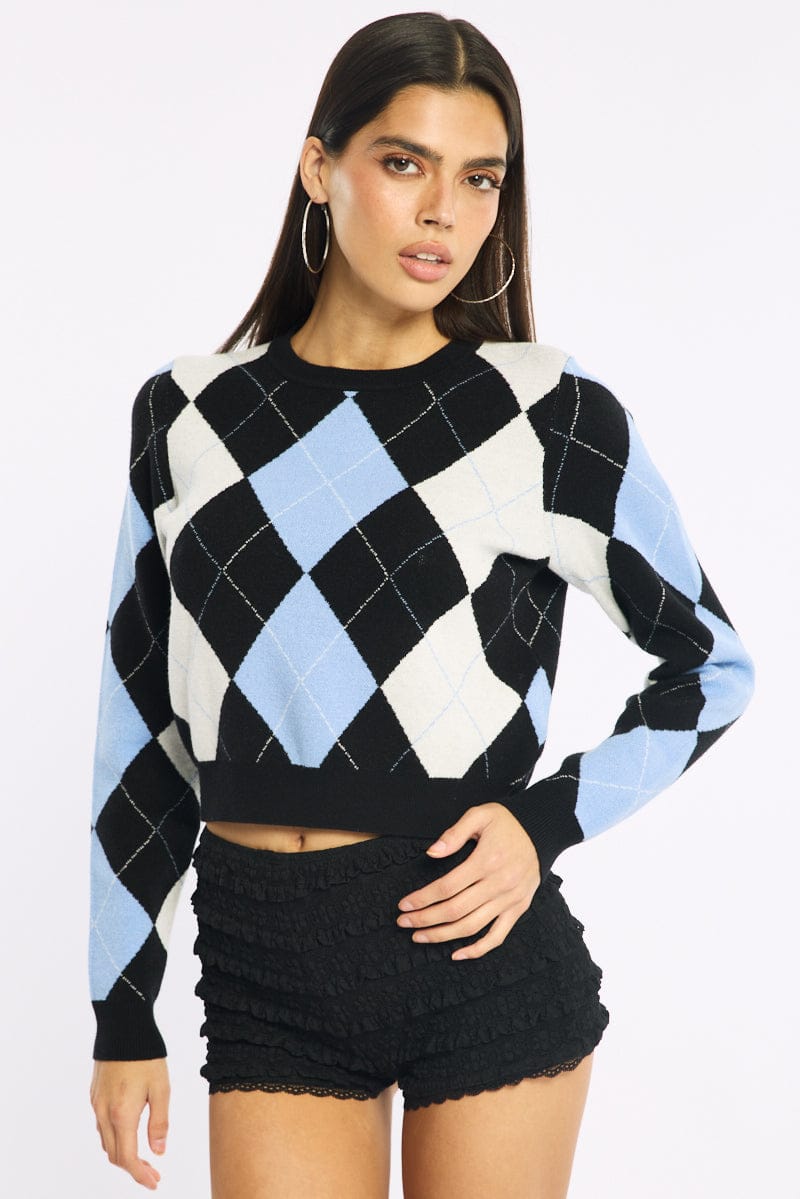 Blue Check Knit Top Long Sleeve V-neck Argyle for Ally Fashion