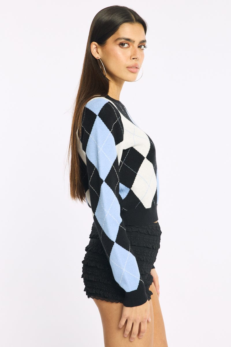 Blue Check Knit Top Long Sleeve V-neck Argyle for Ally Fashion