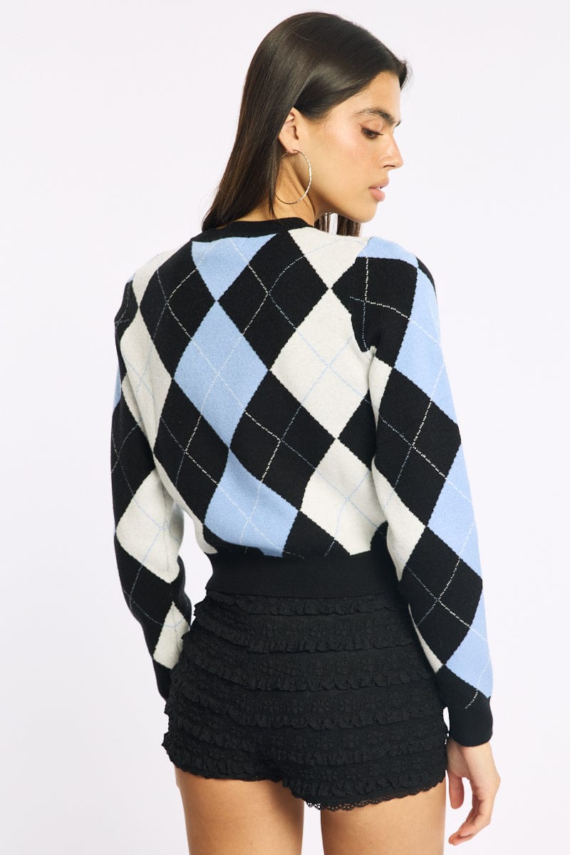 Blue Check Knit Top Long Sleeve V-neck Argyle for Ally Fashion