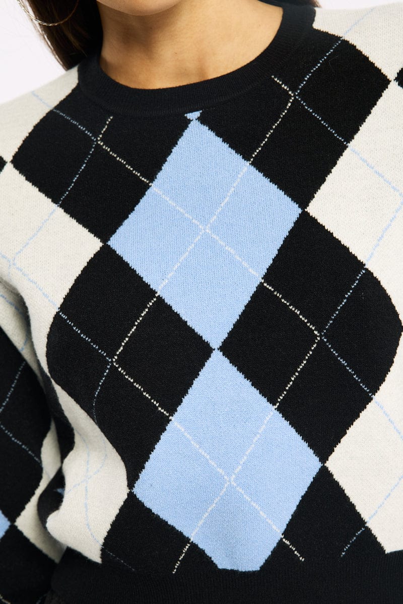 Blue Check Knit Top Long Sleeve V-neck Argyle for Ally Fashion