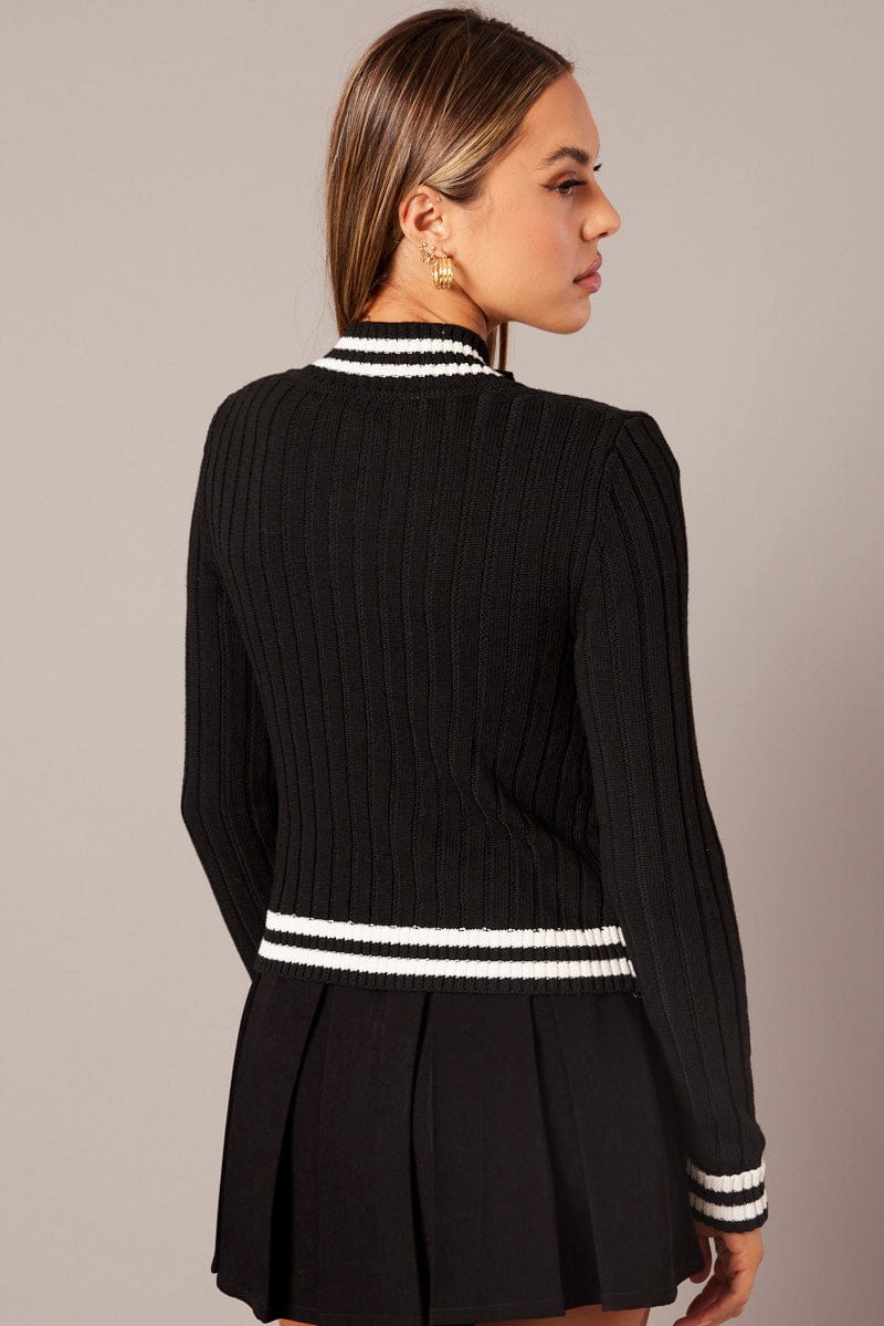 Black Zip Up Cardigan Long Sleeve Mock Neck Stripe Trim for Ally Fashion