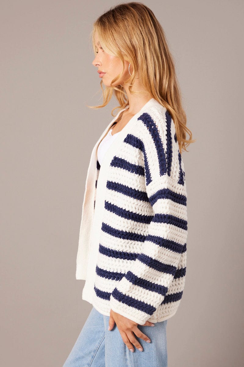 White Stripe Oversized Knit Cardigan Long Sleeve Longline for Ally Fashion