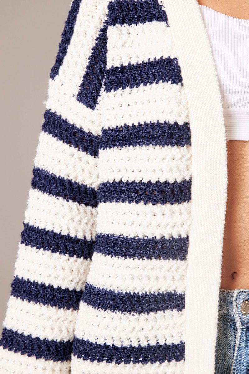 White Stripe Oversized Knit Cardigan Long Sleeve Longline for Ally Fashion