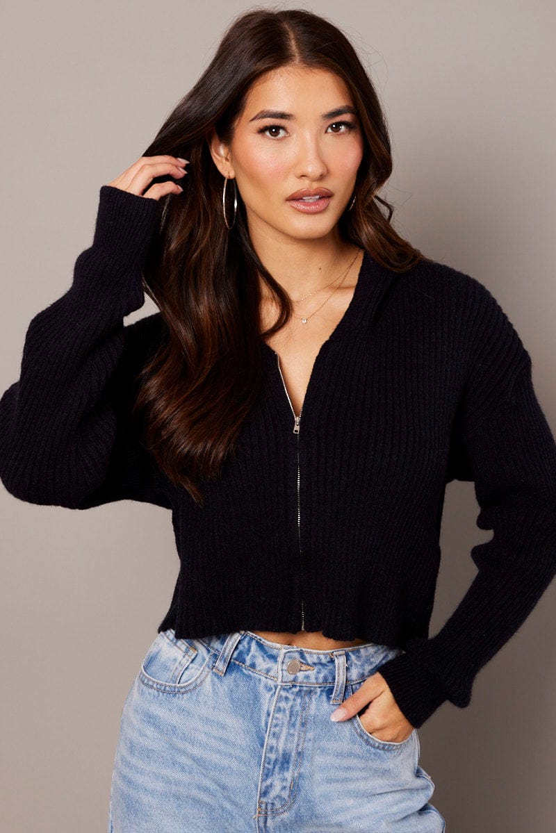Black Knit Cardigan Long Sleeve Hooded for Ally Fashion