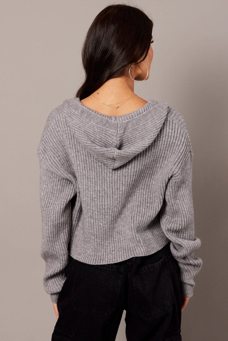 Grey Knit Cardigan Long Sleeve Hooded for Ally Fashion