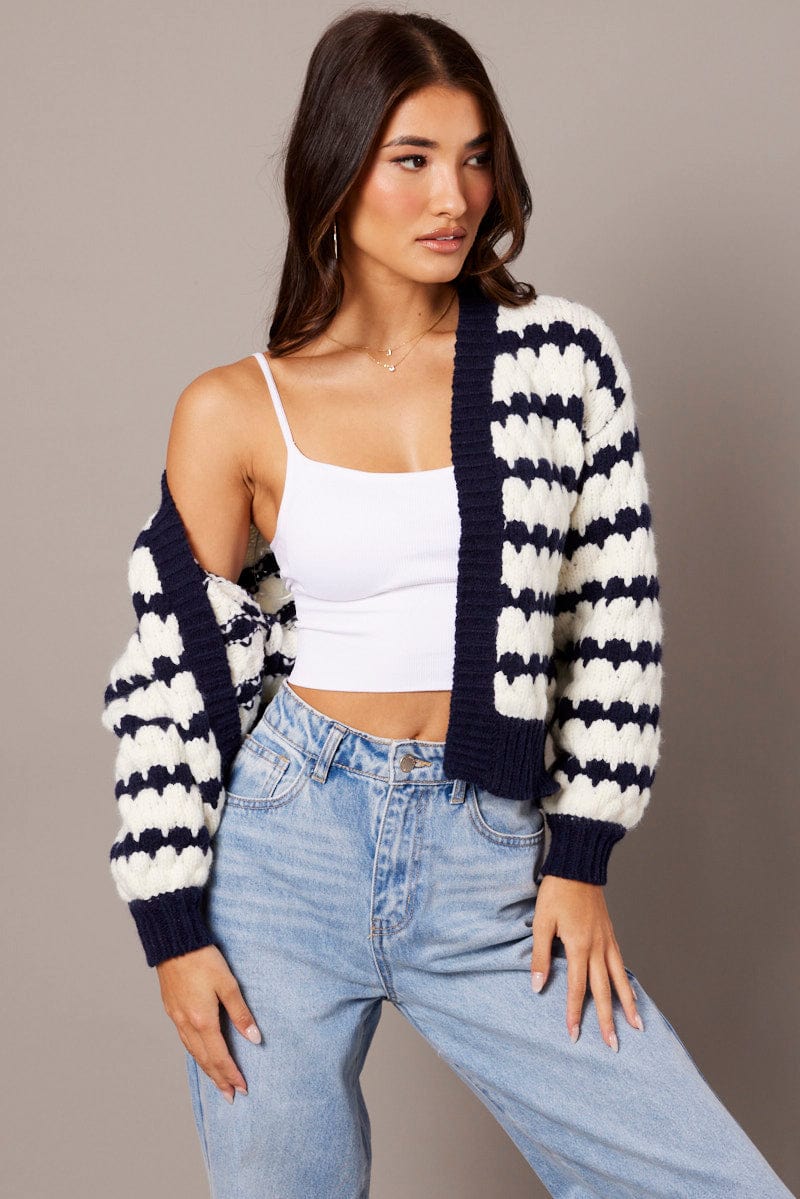 White Stripe Knit Cardigan Long Sleeve Textured for Ally Fashion