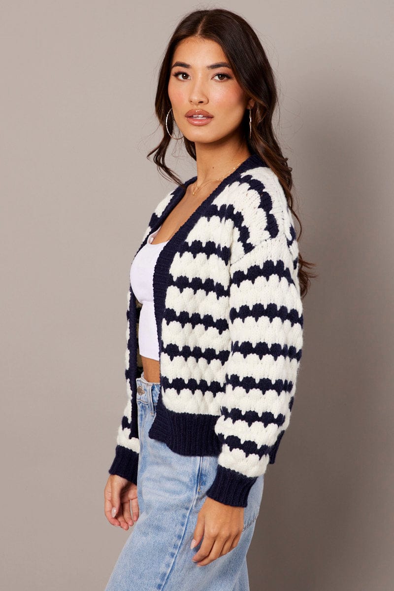 White Stripe Knit Cardigan Long Sleeve Textured for Ally Fashion