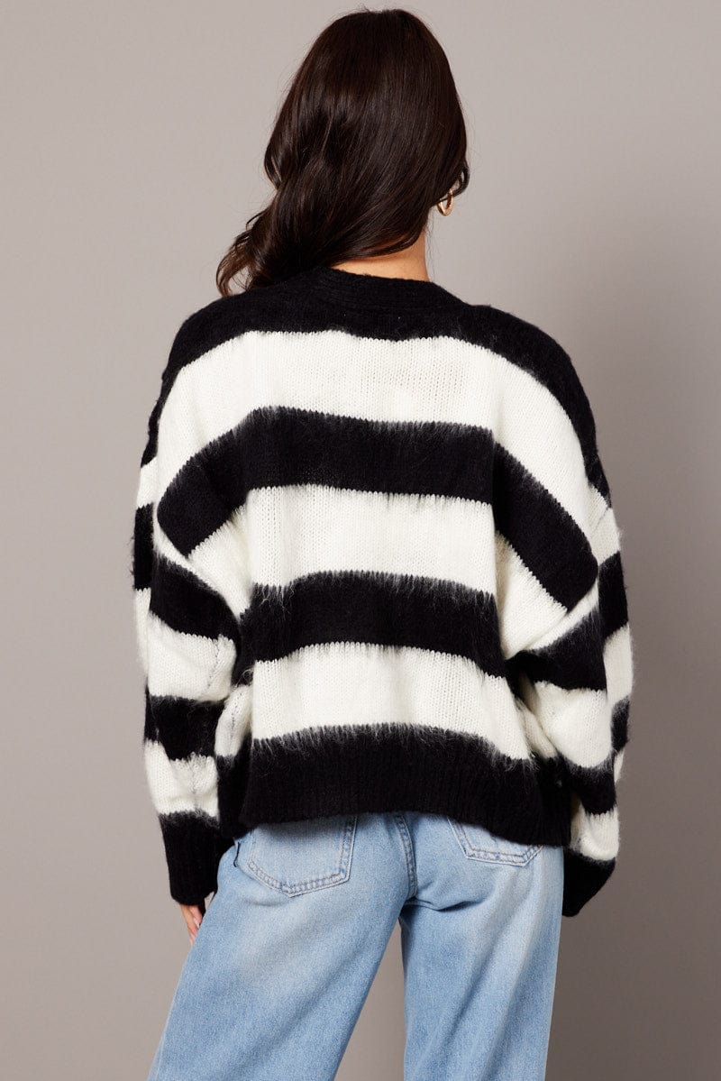 Black Stripe Knit Cardigan Long Sleeve for Ally Fashion