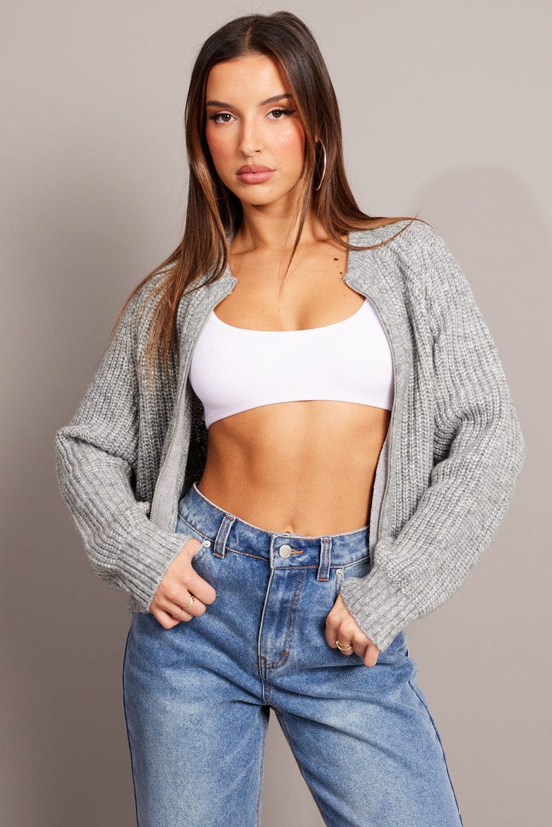 Grey Zip Up Cardigan Long Sleeve Crew Neck Knitted for Ally Fashion