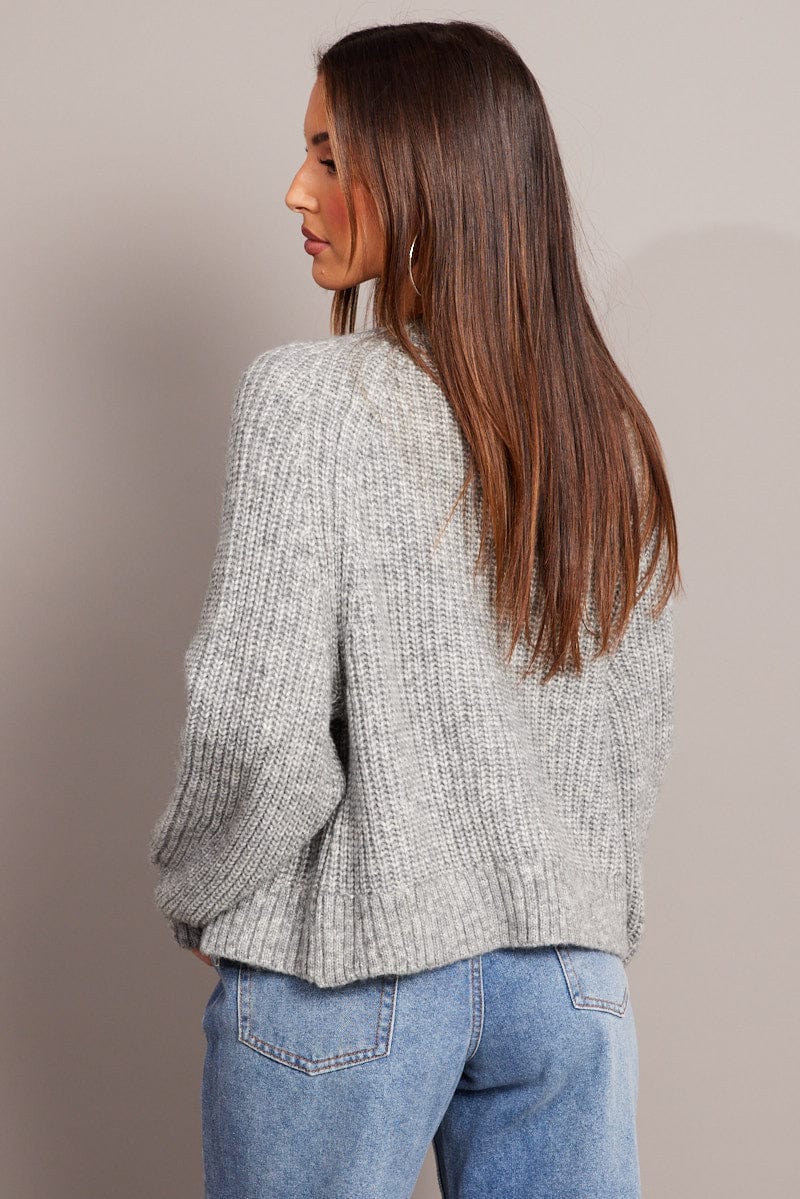 Grey Zip Up Cardigan Long Sleeve Crew Neck Knitted for Ally Fashion