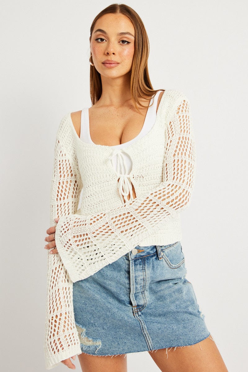 White Crochet Cardigan Long Sleeve Squared Neck for Ally Fashion