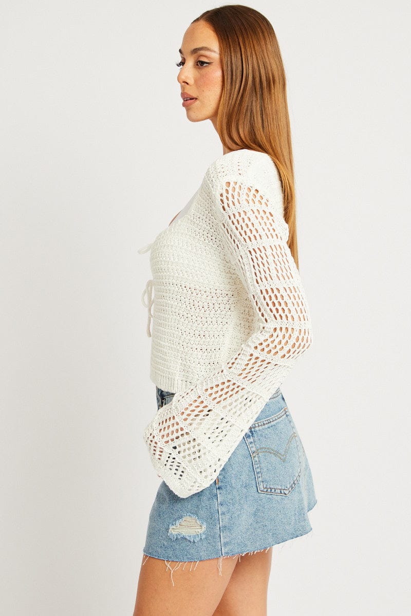 White Crochet Cardigan Long Sleeve Squared Neck for Ally Fashion