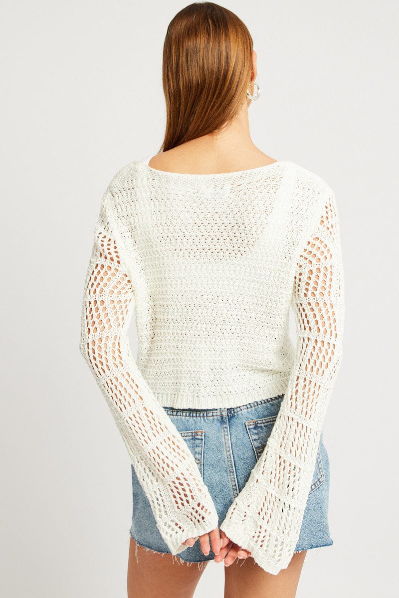 White Crochet Cardigan Long Sleeve Squared Neck for Ally Fashion