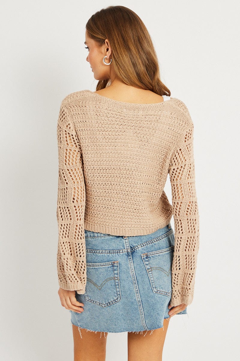 Beige Crochet Cardigan Long Sleeve Squared Neck for Ally Fashion