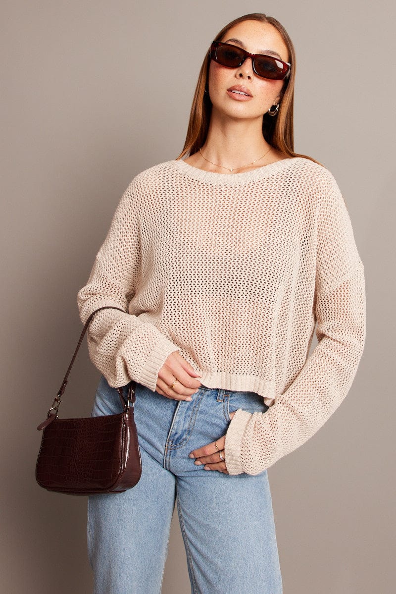 Beige Crochet Knit Top Boat Neck Long Sleeve for Ally Fashion