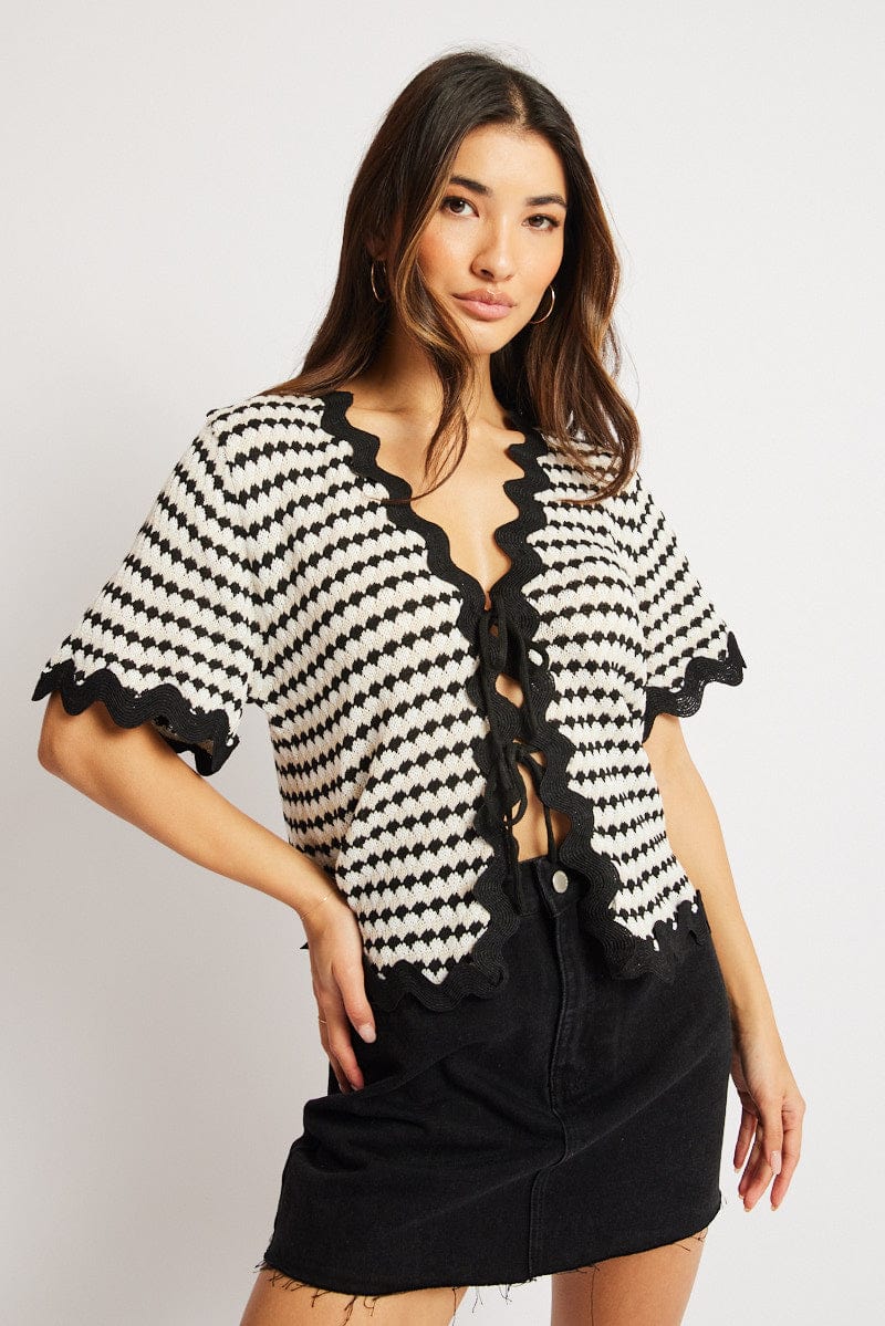 Multi Knit Multi Stripe Knit Cardigan Short Sleeve Tie Up | Ally Fashion