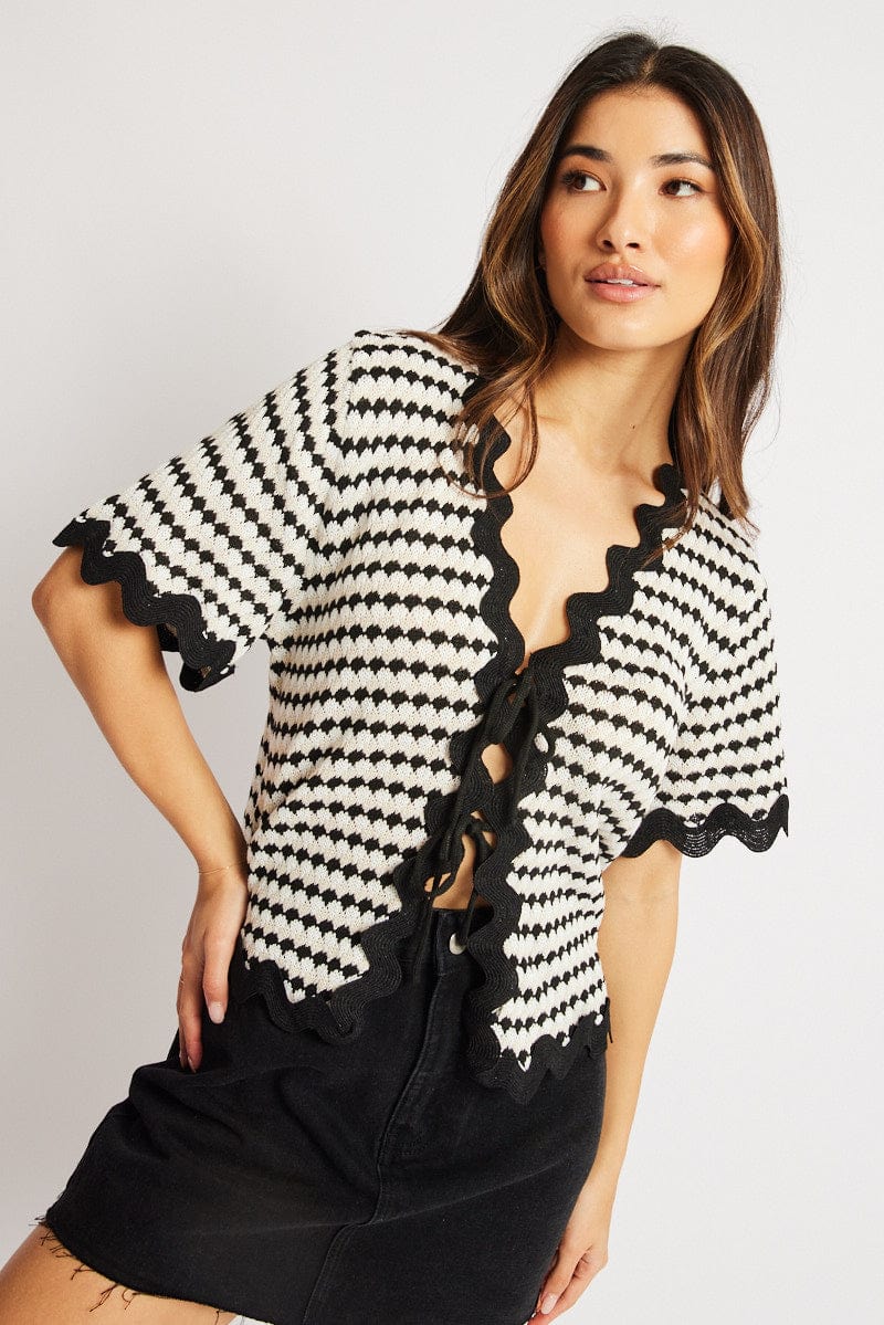 Multi Stripe Knit Cardigan Short Sleeve Tie Up for Ally Fashion