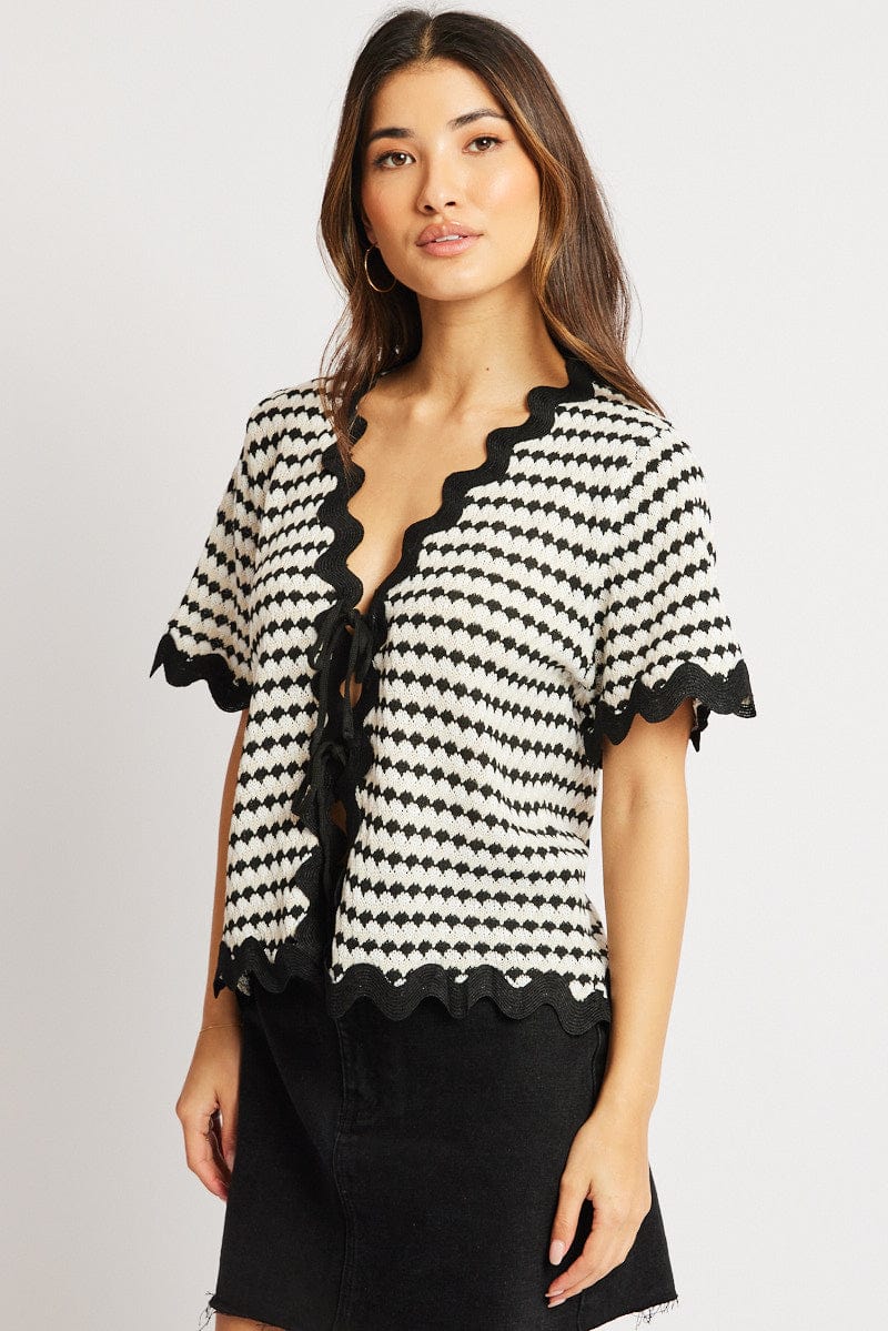 Multi Knit Multi Stripe Knit Cardigan Short Sleeve Tie Up | Ally Fashion