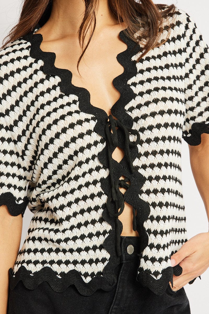 Multi Knit Multi Stripe Knit Cardigan Short Sleeve Tie Up | Ally Fashion