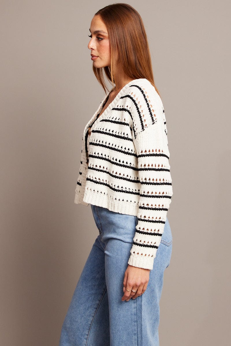 Beige Stripe Oversized Knit Cardigan V Neck Stripe for Ally Fashion