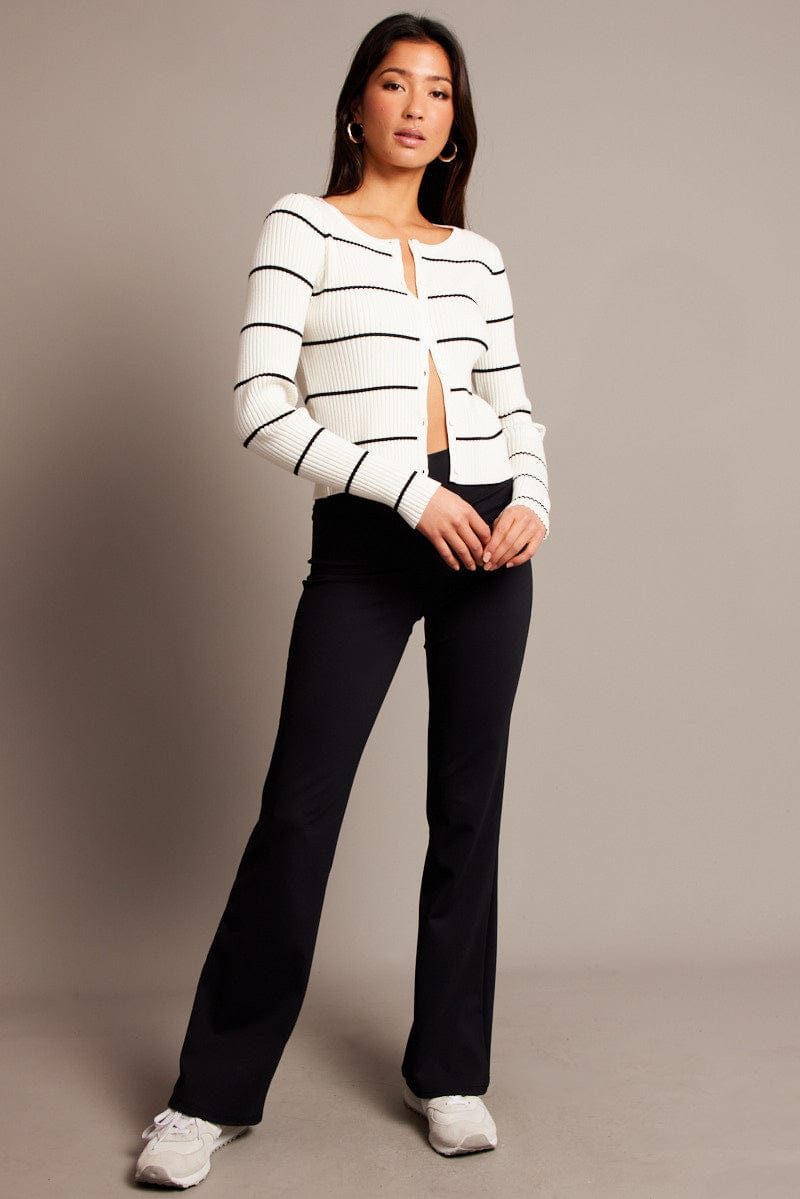 Beige Stripe Fitted Cardigan Long Sleeve Round Neck Stripe for Ally Fashion