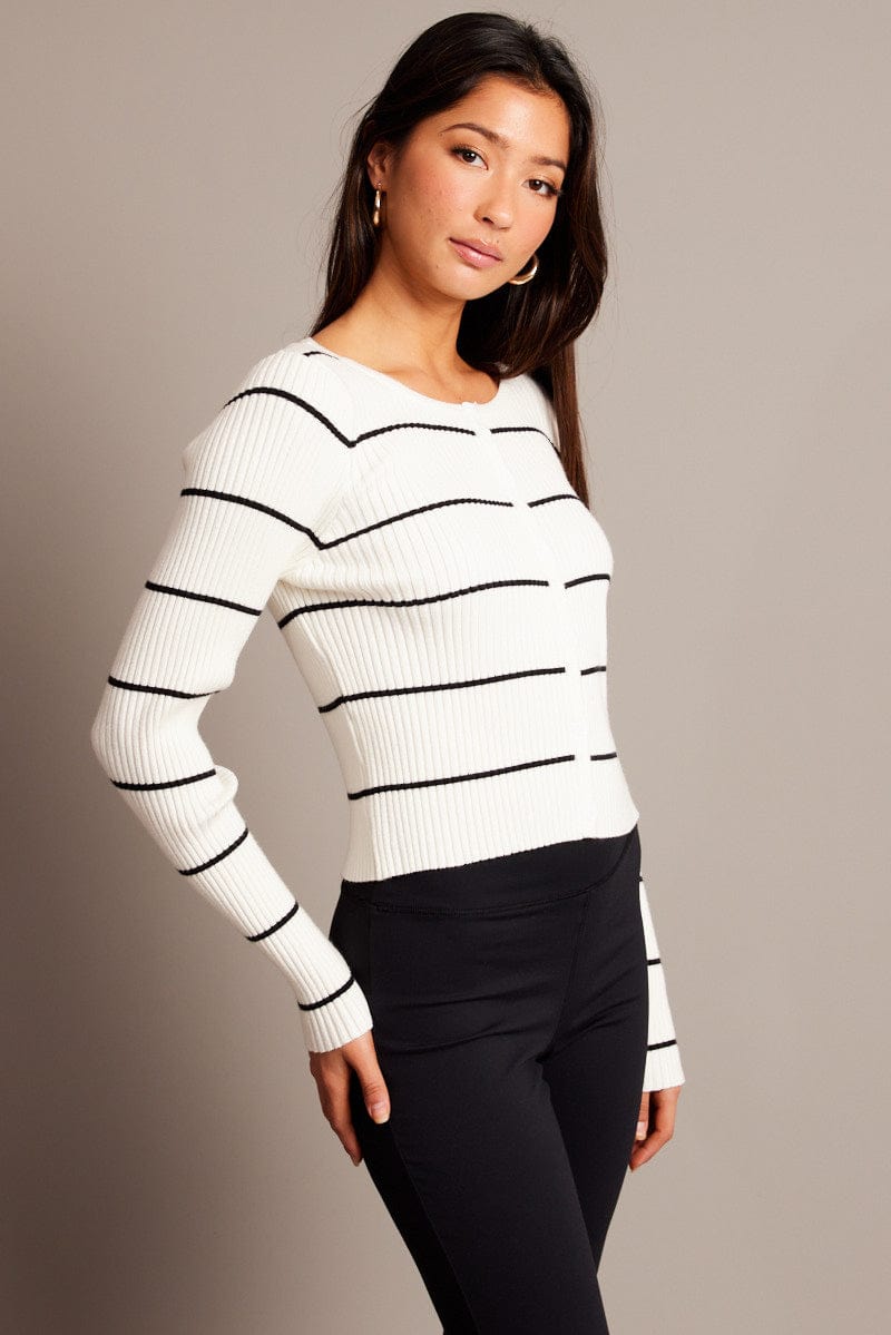 Beige Stripe Fitted Cardigan Long Sleeve Round Neck Stripe for Ally Fashion