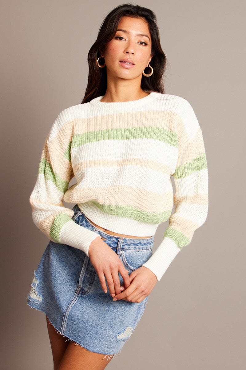 Green Stripe Knit Top Long Sleeve Color Block for Ally Fashion