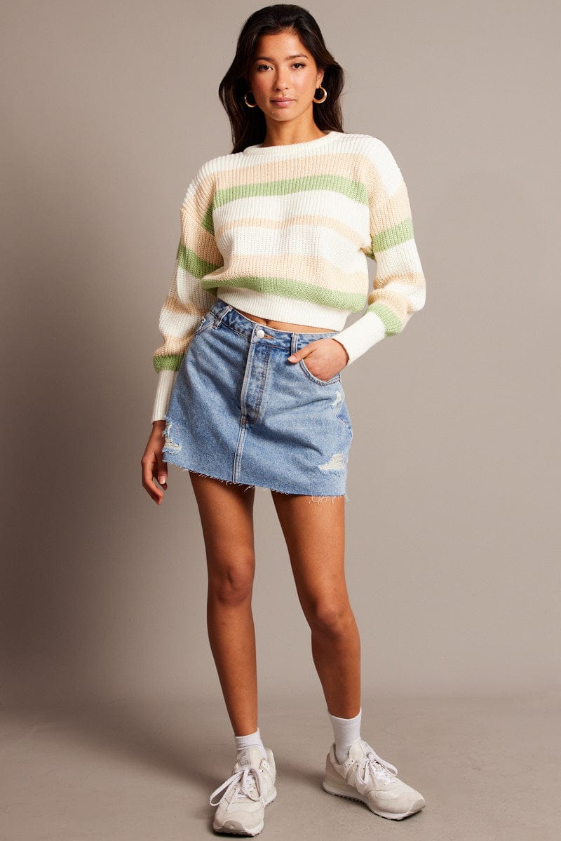 Green Stripe Knit Top Long Sleeve Color Block for Ally Fashion