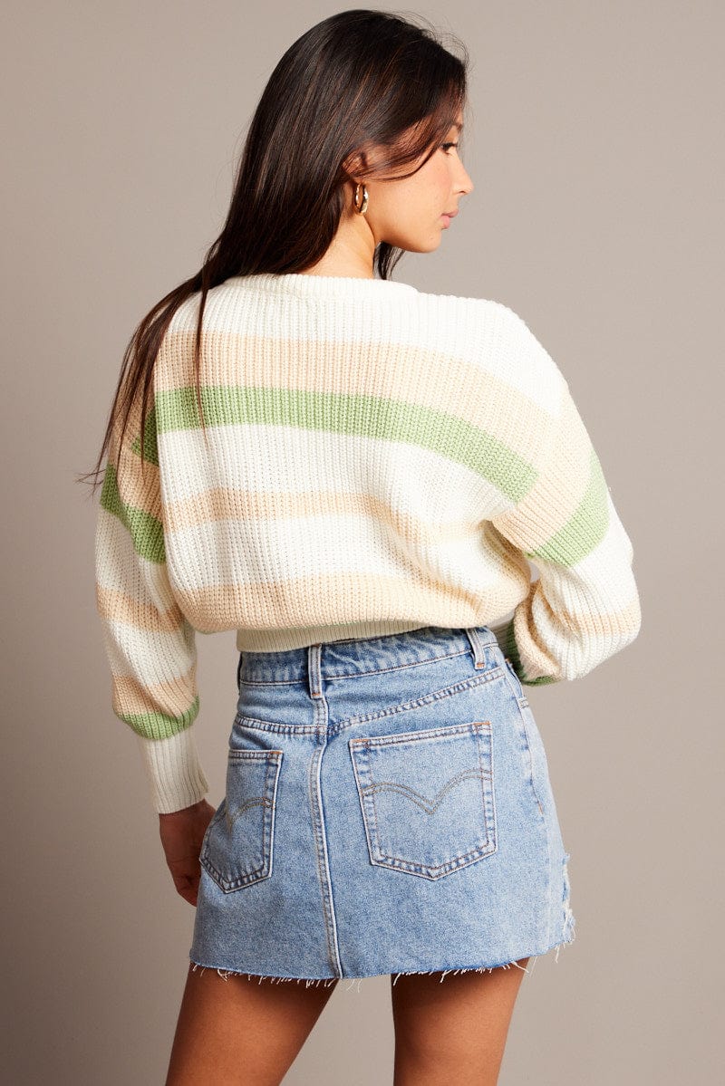 Green Stripe Knit Top Long Sleeve Color Block for Ally Fashion