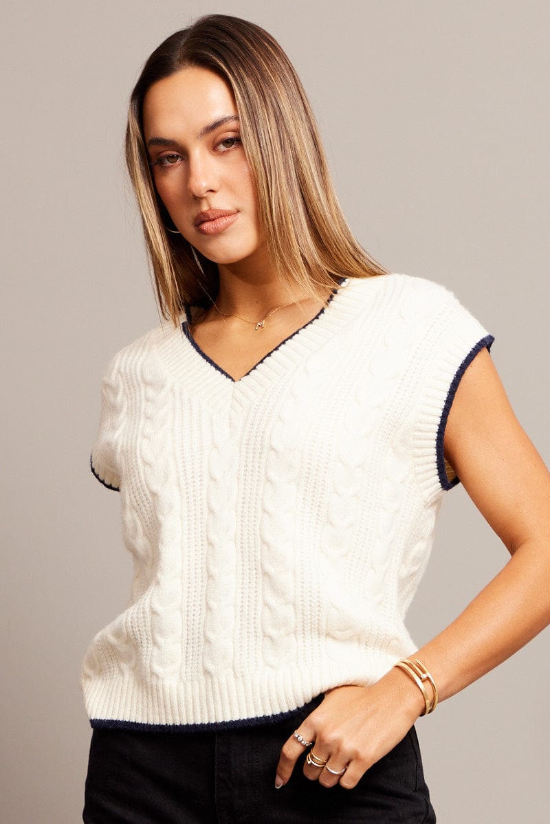 White Knit Vest V Neck for Ally Fashion