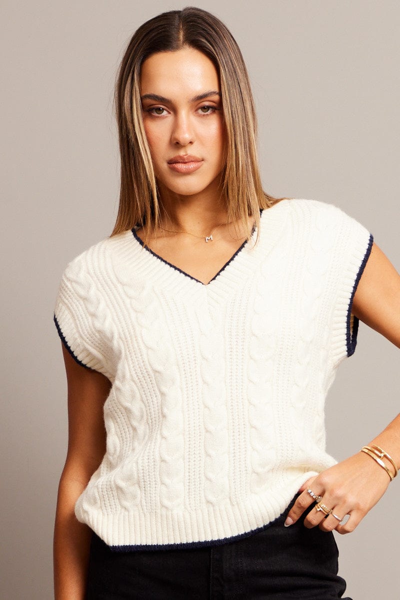 White Knit Vest V Neck for Ally Fashion