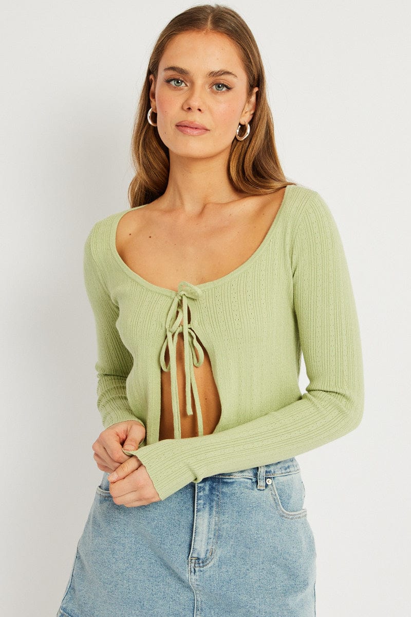 Green Tie Up Cardigan Long Sleeve for Ally Fashion