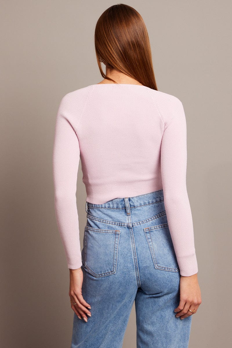 Pink Knit Top Long Sleeve Sweatheart Neck for Ally Fashion