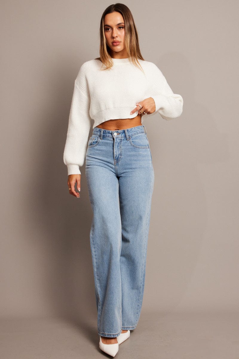 White Relaxed Jumper Long Sleeve Round Neck for Ally Fashion