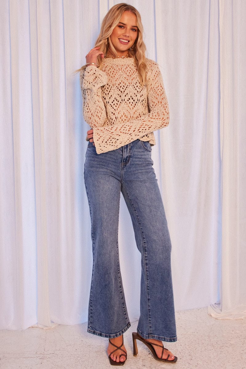 Beige Crochet Knit Top Long Sleeve Crew Neck for Ally Fashion