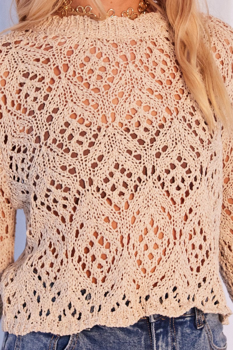 Beige Crochet Knit Top Long Sleeve Crew Neck for Ally Fashion