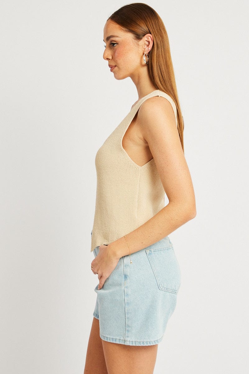 Beige Knit Vest V Neck for Ally Fashion