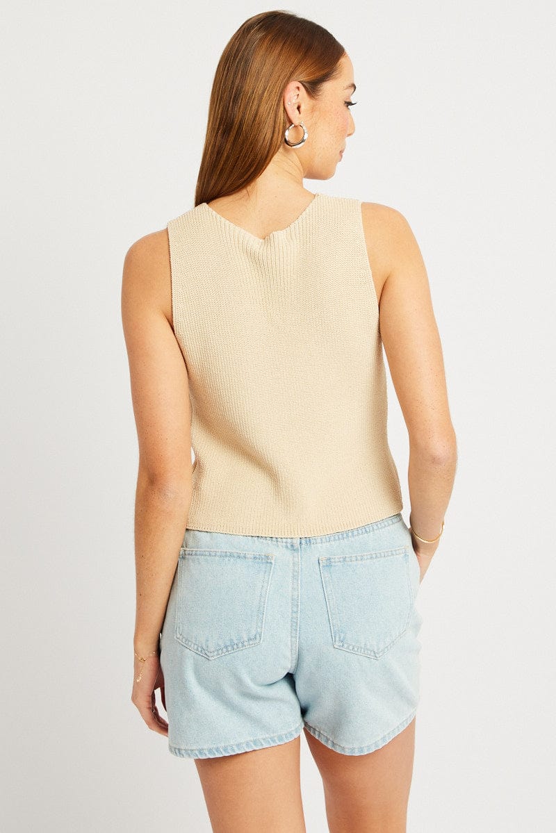 Beige Knit Vest V Neck for Ally Fashion