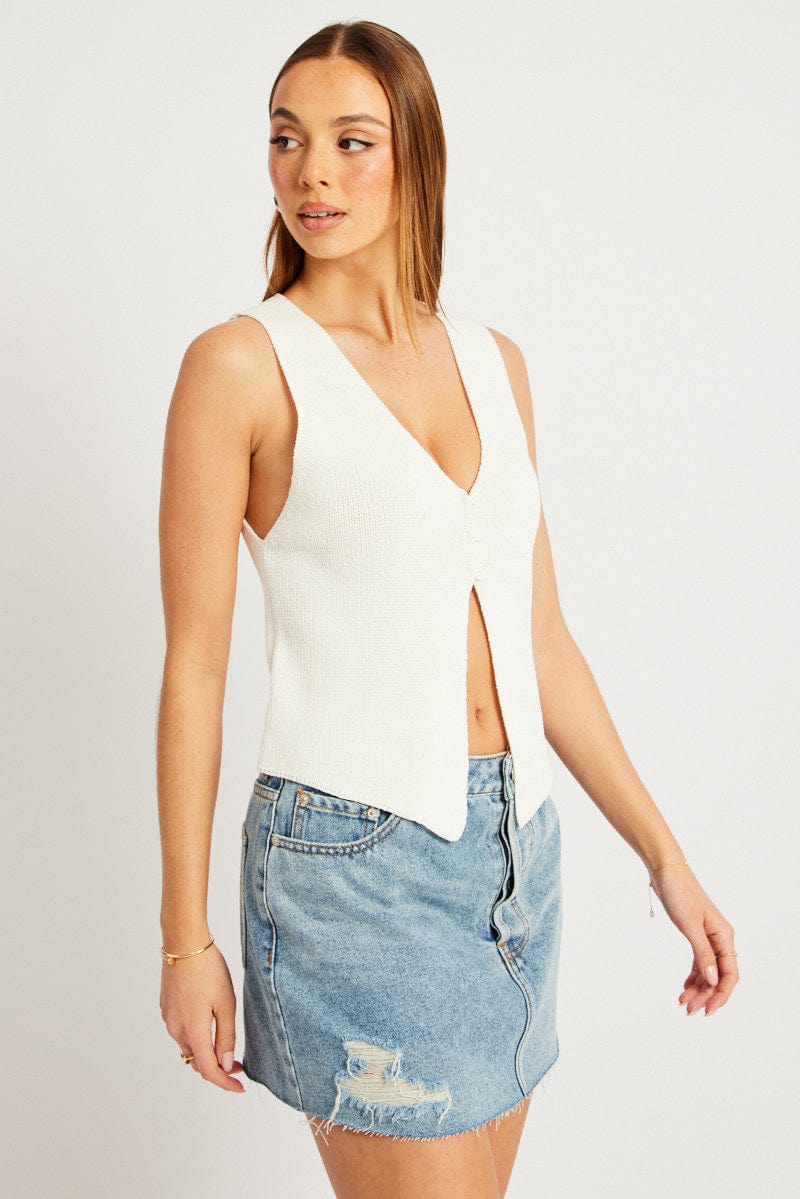 White Knit Vest V Neck for Ally Fashion