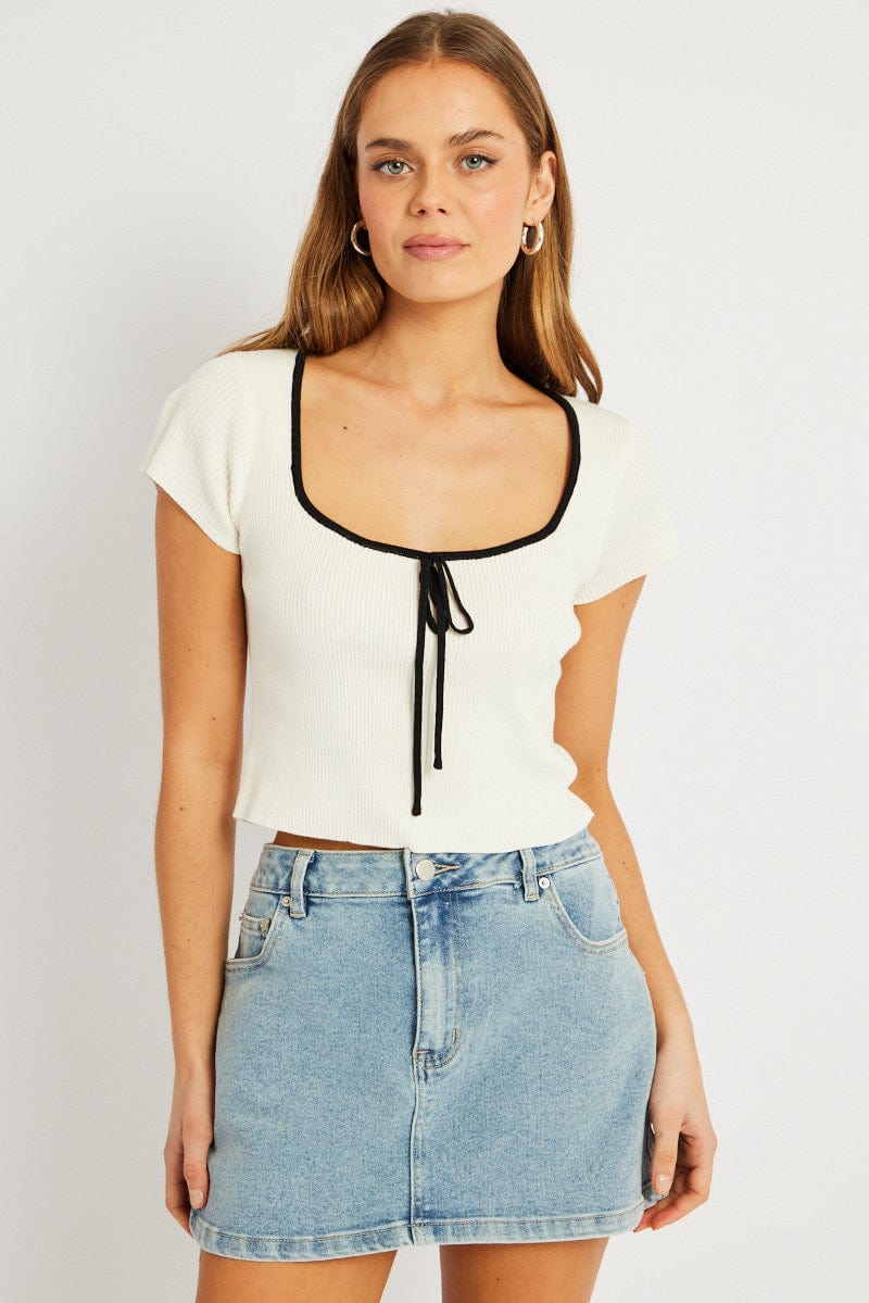 White Knit Top Short Sleeve Square Neck for Ally Fashion