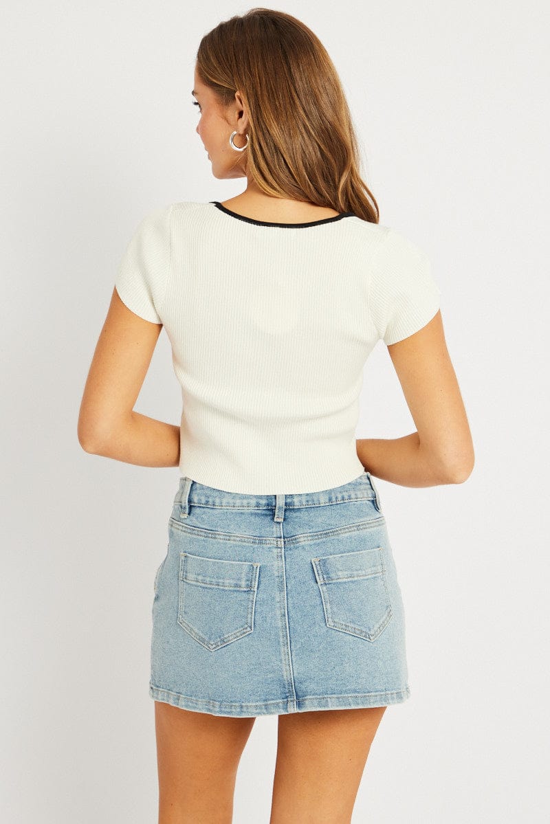 White Knit Top Short Sleeve Square Neck for Ally Fashion