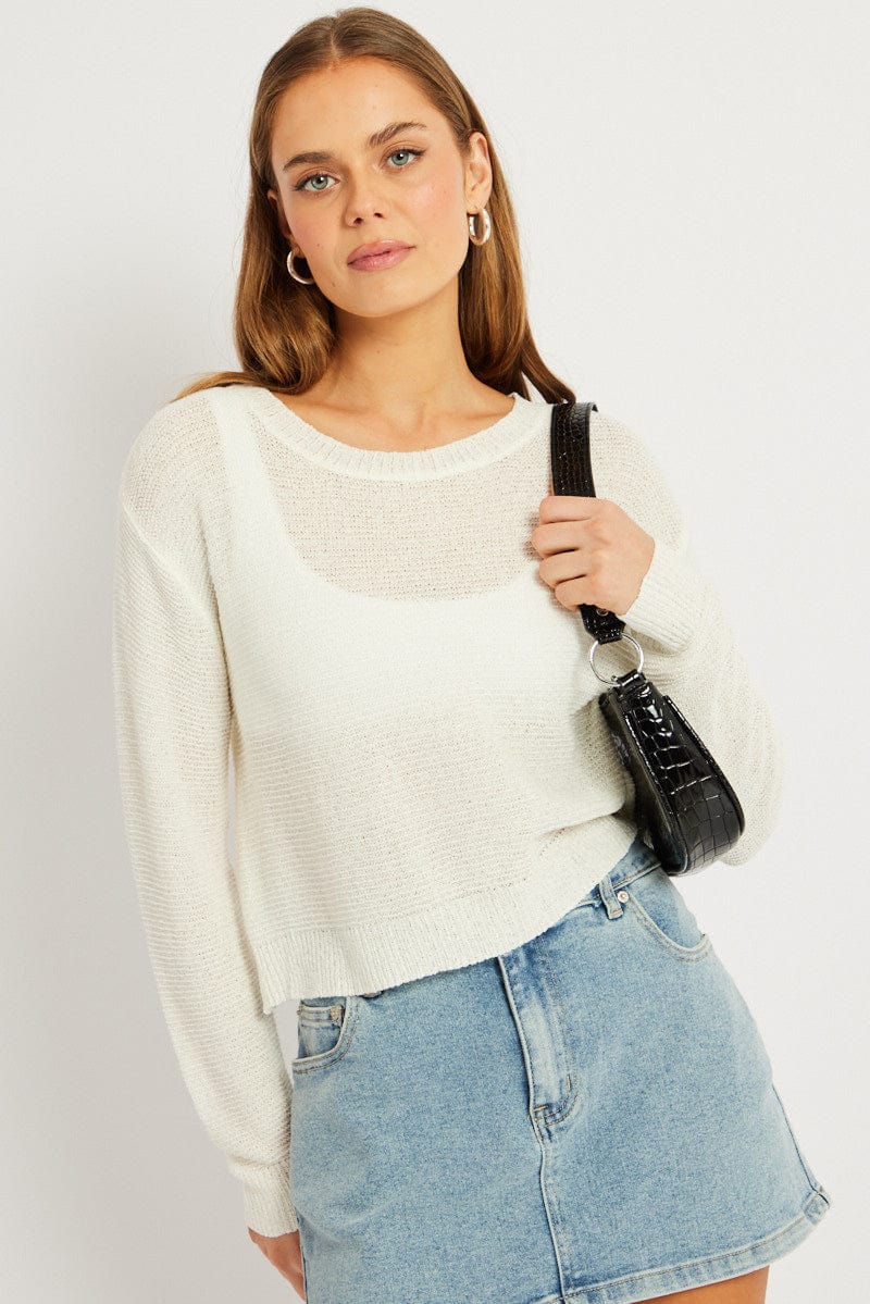 White Knit Jumper Long Sleeve Crew Neck for Ally Fashion