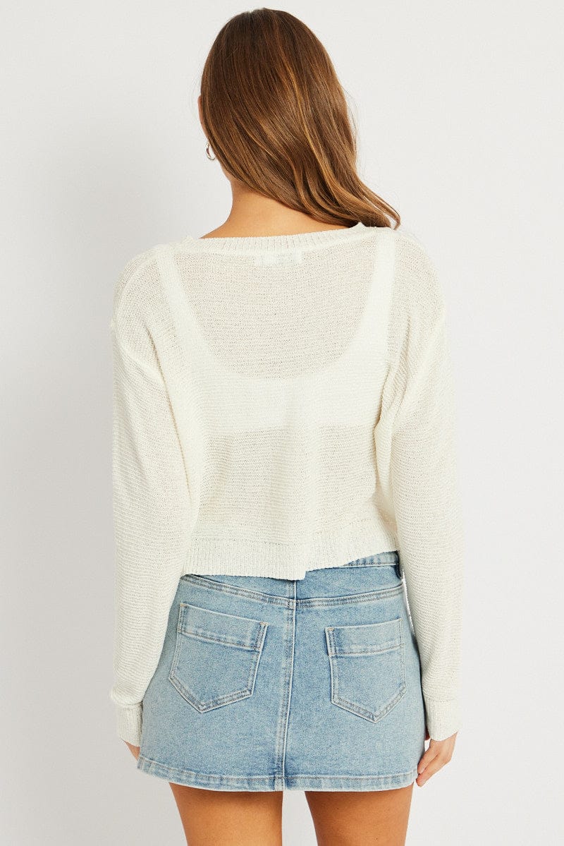 White Knit Jumper Long Sleeve Crew Neck for Ally Fashion