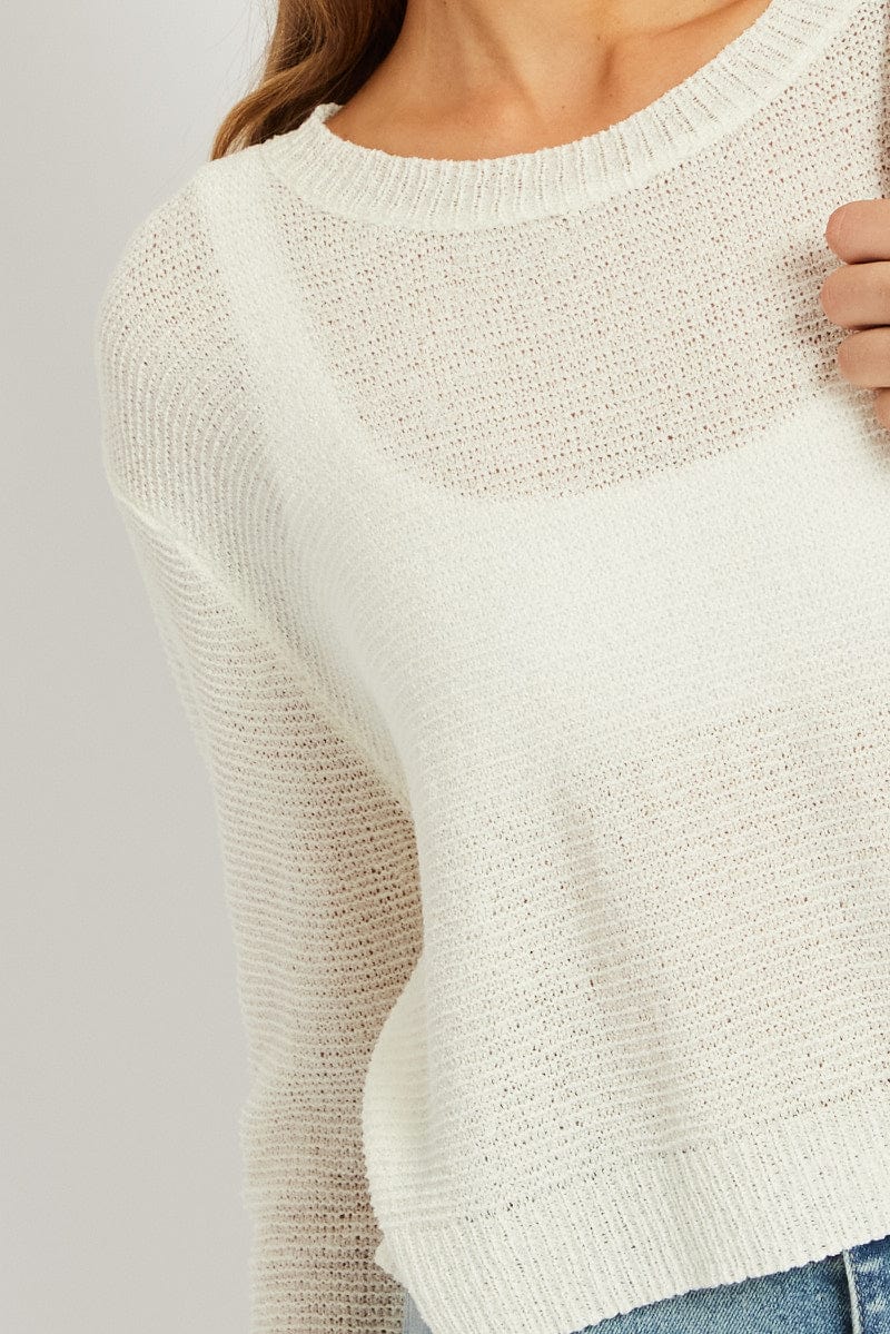 White Knit Jumper Long Sleeve Crew Neck for Ally Fashion