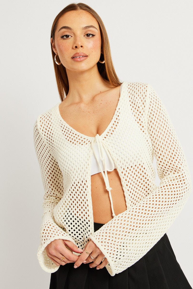 White Crochet Cardigan Long Sleeve V Neck Tie Up for Ally Fashion