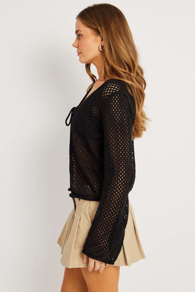 Black Crochet Cardigan Long Sleeve V Neck Tie Up for Ally Fashion